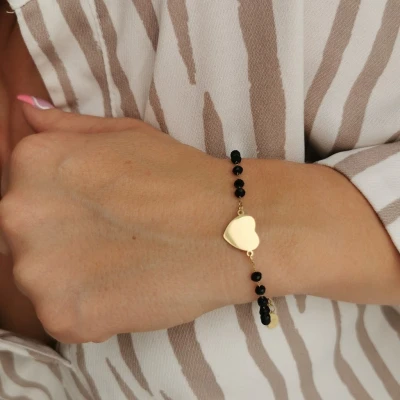 Bransoletka STAL CHIRURGICZNA serduszko czarne kamienie kolor złoty